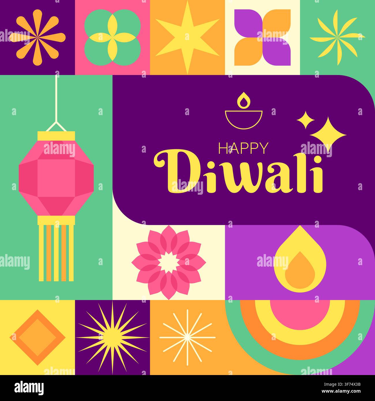Diwali Square Abgerundetes Mosaik mit Laterne und rosa Blume Vektorillustration Stock Vektor