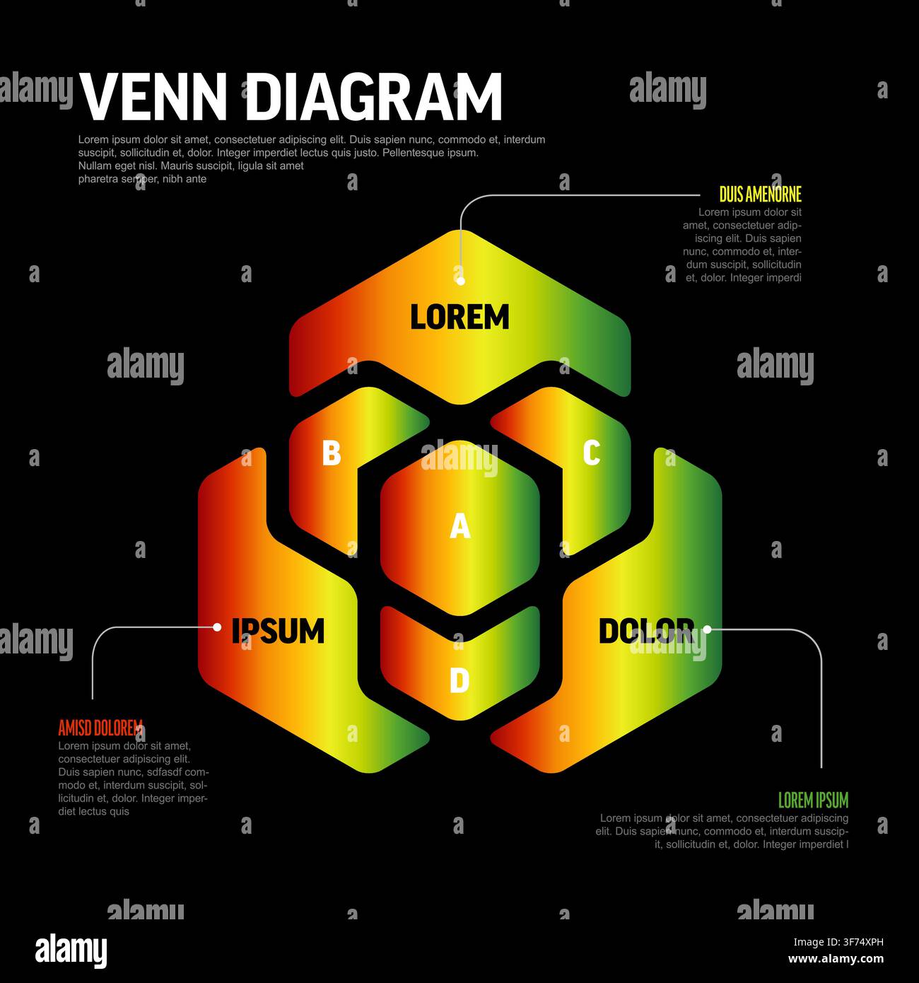 Ein stilvolles sechseckiges Venn-Diagramm-Infografik mit einem lebendigen Farbverlauf. Dieses Venn-Diagramm ist perfekt für Datenvisualisierung, Geschäftspräsentation Stock Vektor