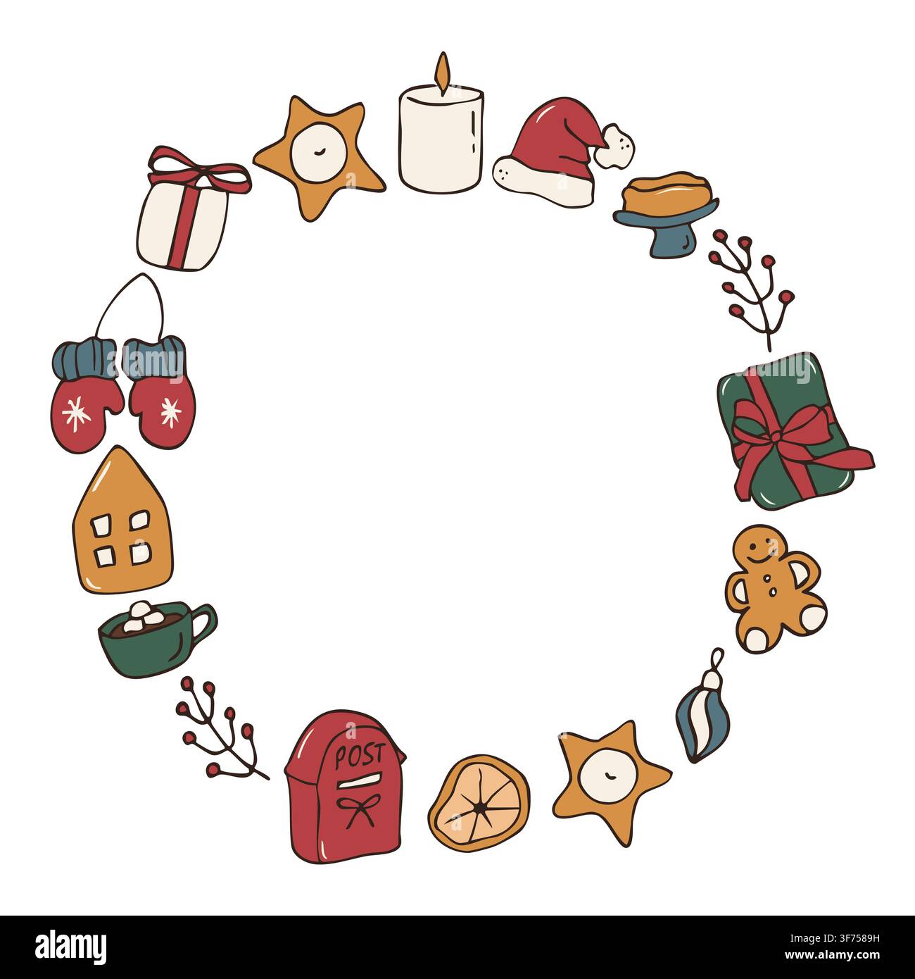 Handgezeichnete farbenfrohe Weihnachtskranzrahmen-Vorlage Vektor-Kritzel-Illustration Stock Vektor