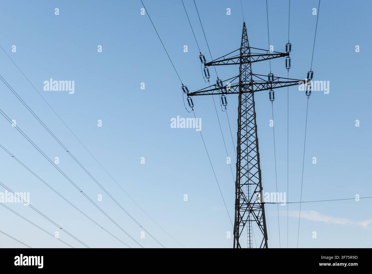 Stahlturm ragt hoch empor, während Stromleitungen sich über den Horizont spannen. Der klare Himmel betont die Struktur. Stockfoto