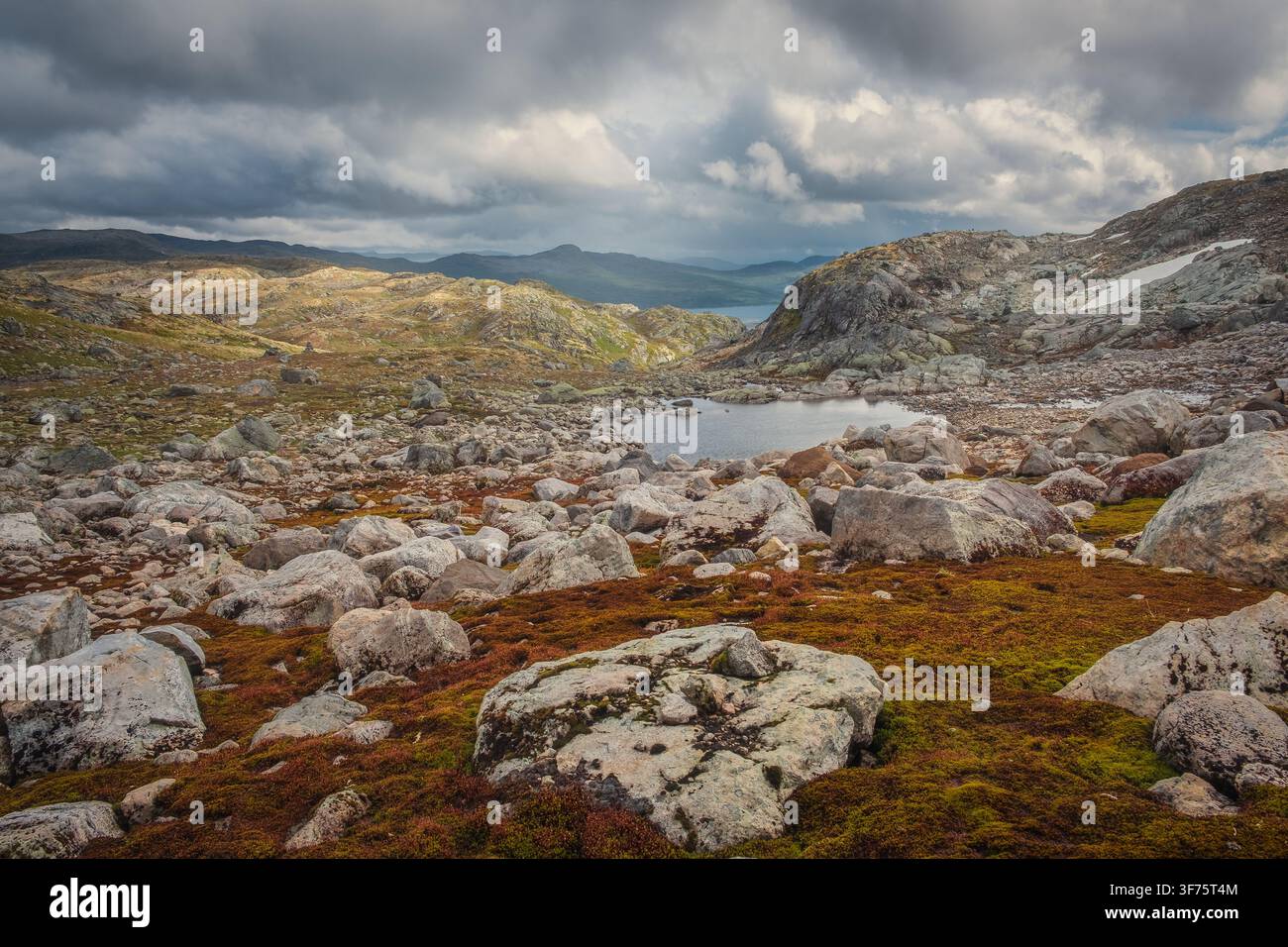 Dramatische Landschaftsansicht der Bergwildnis in der Nähe des Sees Tyinholmen, Jotunheimen, Norwegen Stockfoto