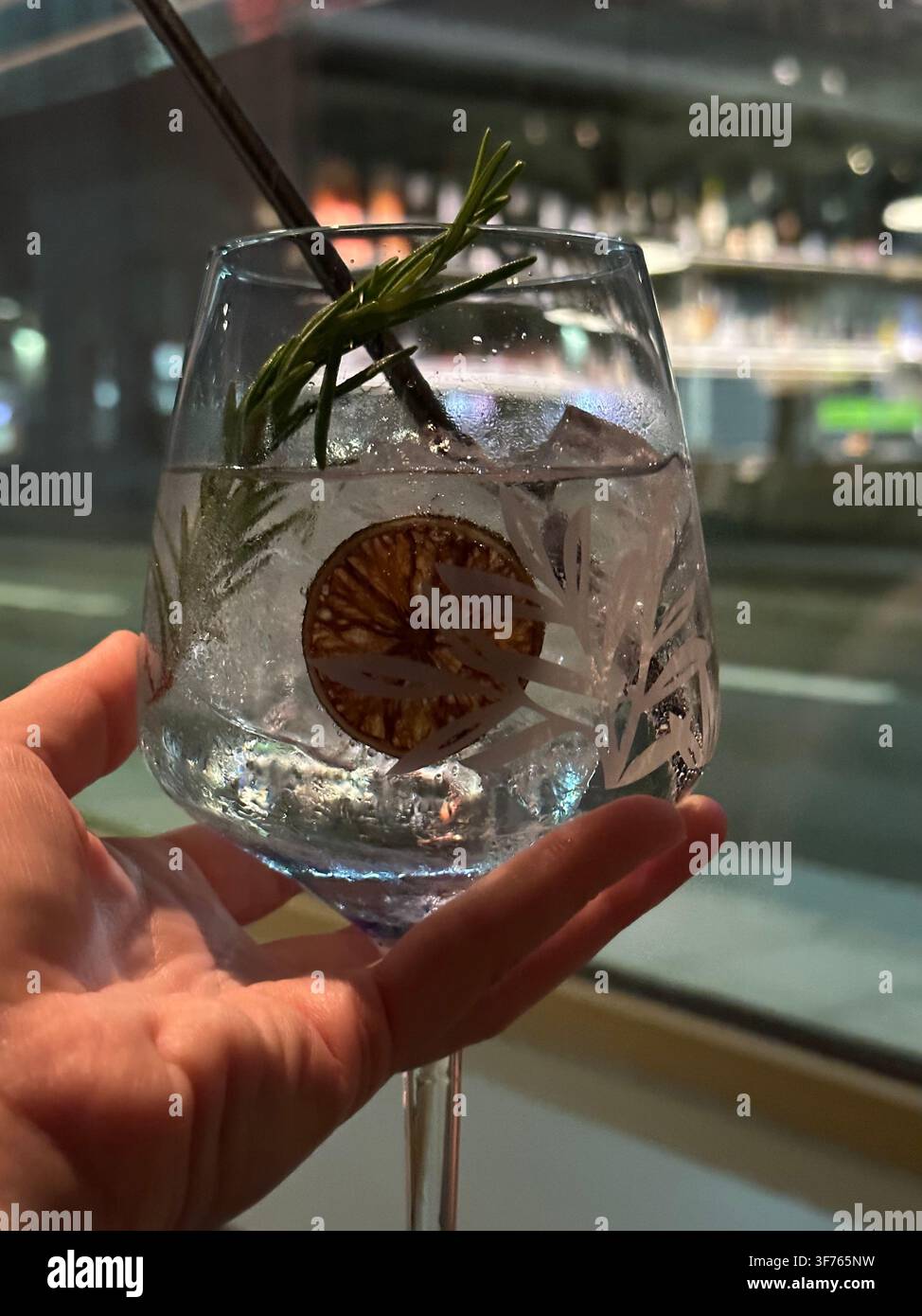 Erfrischender Cocktail mit Rosmarin und getrockneter Zitronenscheibe in der Hand. Kühliges alkoholisches Getränk mit Eiswürfeln und aromatischen Kräutern in einem Glas. Perfekte Wahl fo - Smartphone-aufgenommenes Stockfoto