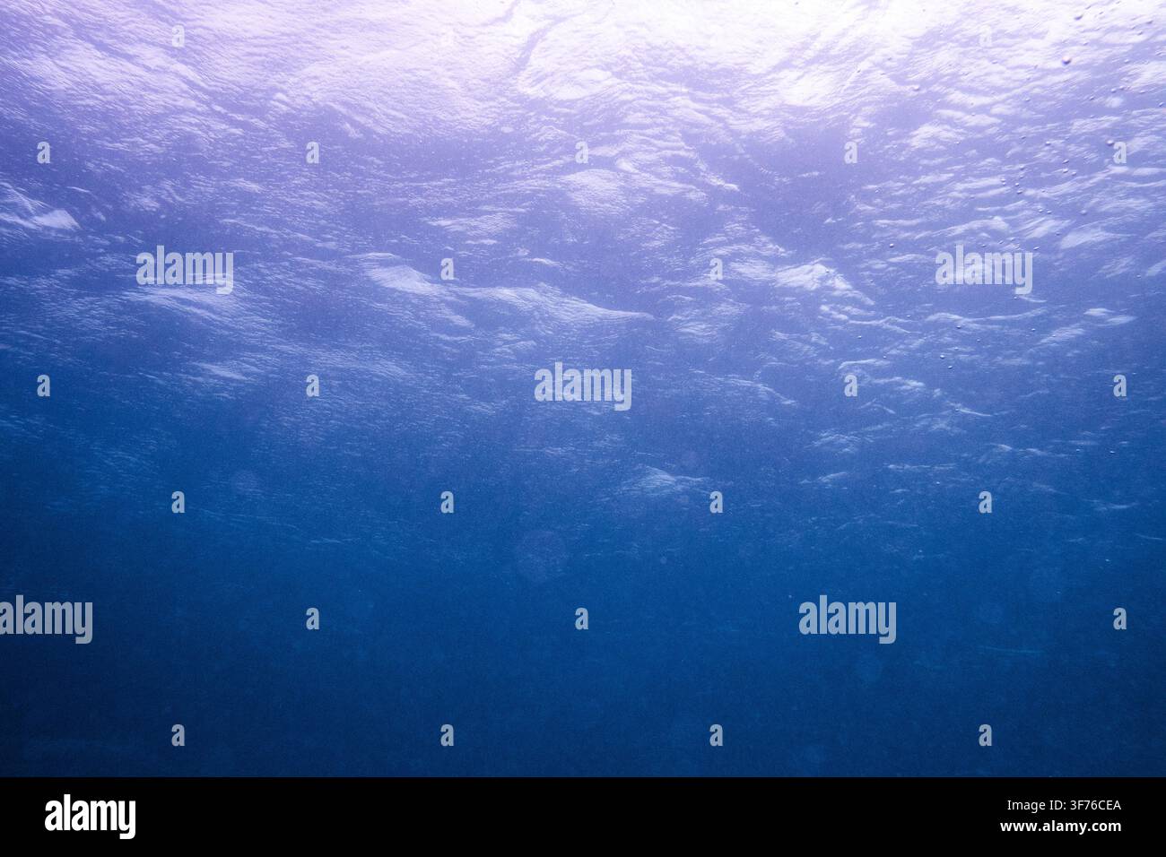 Aufwärts gerichtete Unterwasseransicht durch die blaue Wassersäule zur sonnenbeschienenen Oberfläche des Indischen Ozeans, Diani, Kwale County, Kenia, 14. Juni 2026. Wellen Stockfoto
