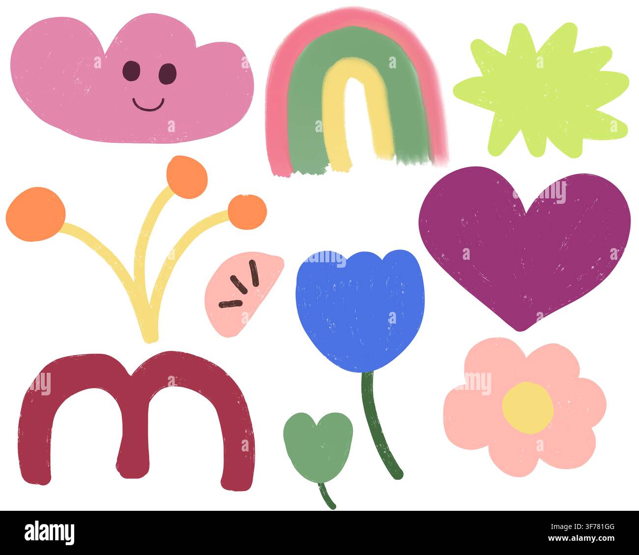 Ein handgezeichnetes Cliparts-Set mit einer pastellfarbenen Palette, das eine lächelnde Wolke, einen Regenbogenbogen, eine Tulpe, Herzen und Blumen zeigt, ideal für die Dekoration von Kinderzimmern. Stockfoto