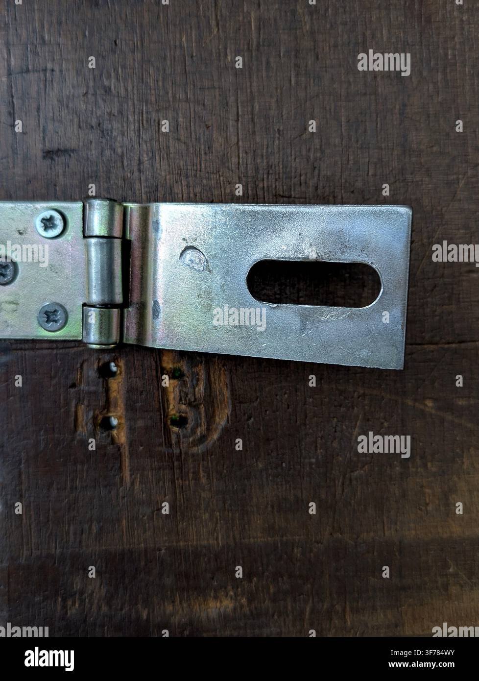 Ein Metallscharnier, das sicher an einer Holztür in einer Inneneinrichtung befestigt ist, präsentiert eine neutrale und saubere Ästhetik aus einer Top-Down-Perspektive. Dieses Bild Stockfoto