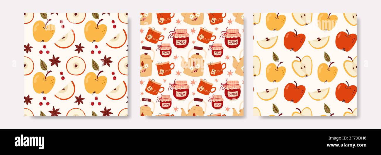 Set aus drei gemütlichen Herbst-Muster ohne Ende mit gelben und roten Äpfeln, Teetassen, Teekannen, Marmeladengläsern und dekorativen Sternanis. Perfekt für Textilien Stock Vektor