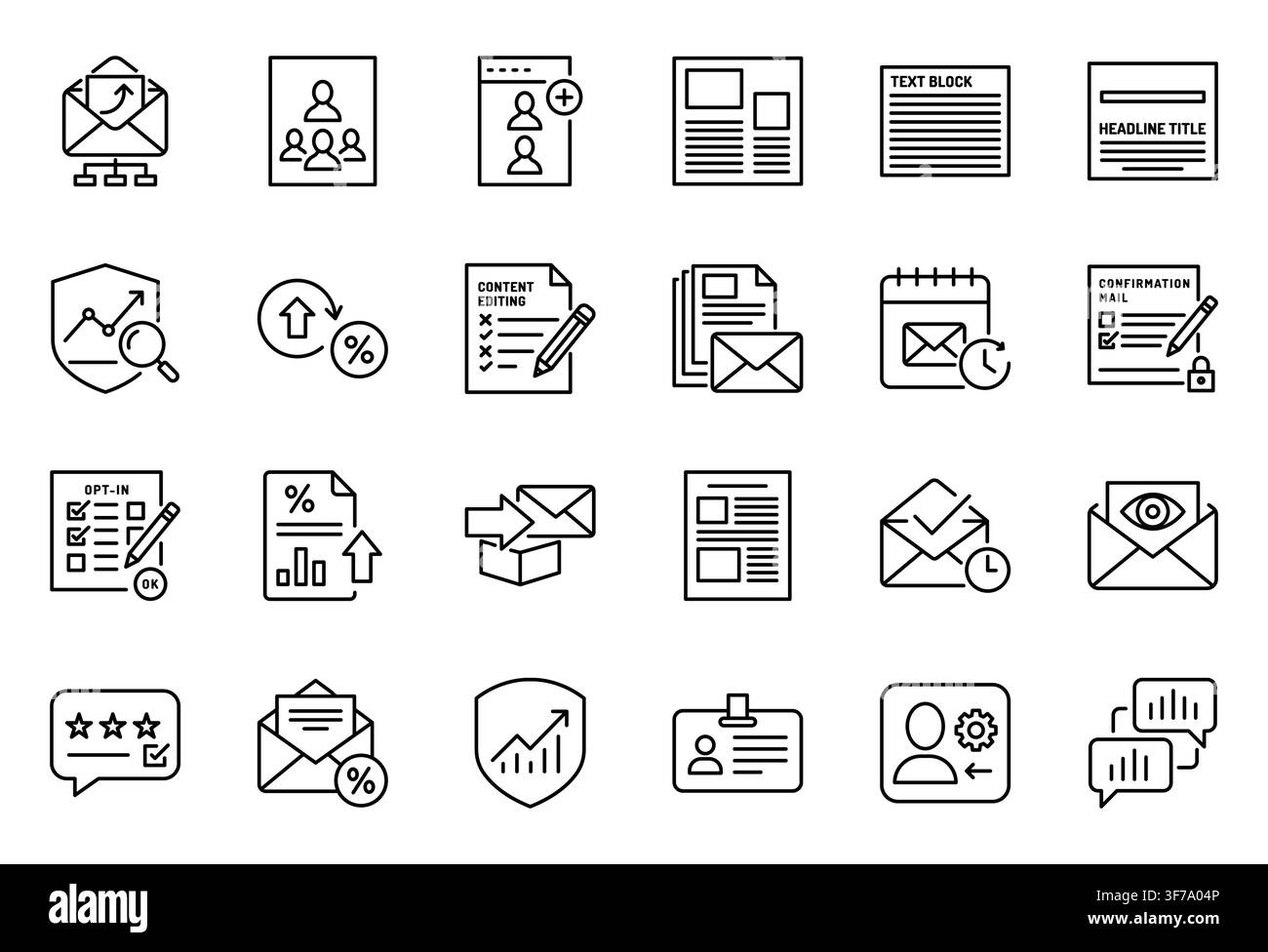 E-Mail-Marketing-Inhaltsverwaltungs-Linien-Symbol-Set Business-Kommunikation-Vektor Stock Vektor