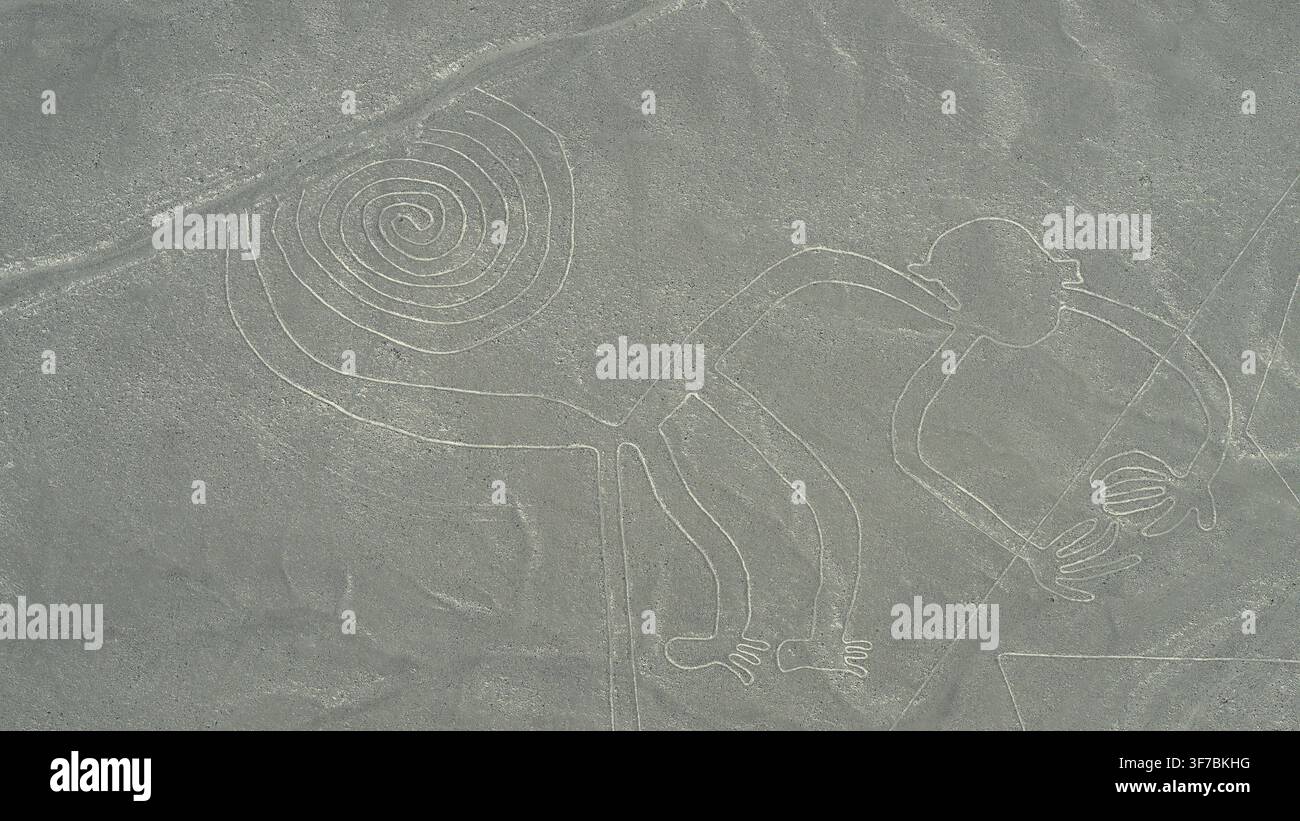 Affe, berühmte Geoglyphen in der Küstenwüste nahe Nazca, Schärfungen im Wüstensand, Nazca-Kultur, Nazca-Linien, rätselhafte Linien und Figuren, Nazca, U Stockfoto