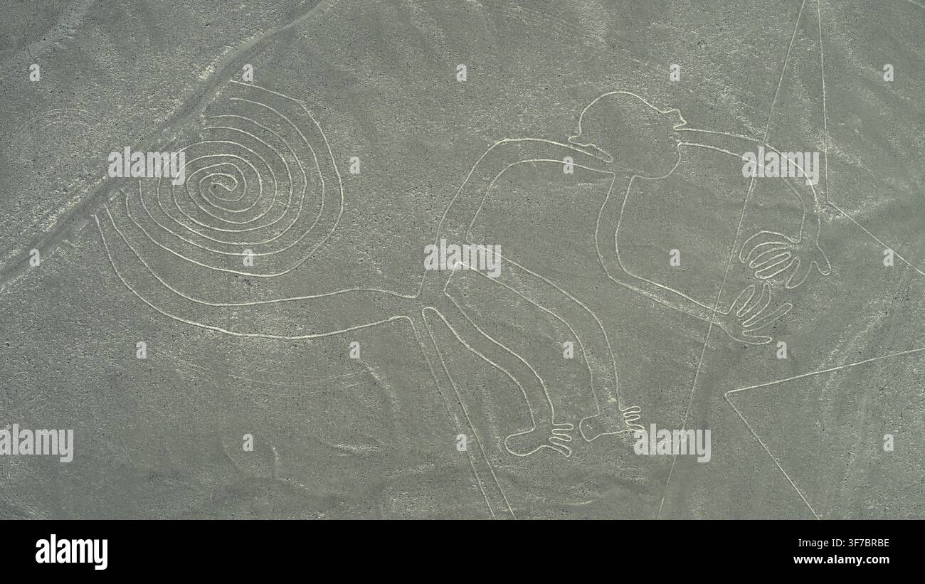 Affe, berühmte Geoglyphen in der Küstenwüste nahe Nazca, Schärfungen im Wüstensand, Nazca-Kultur, Nazca-Linien, rätselhafte Linien und Figuren, Nazca, U Stockfoto