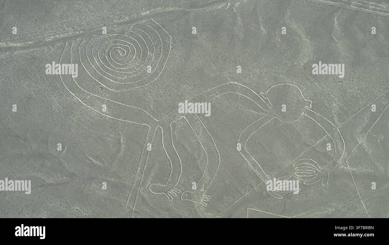 Affe, berühmte Geoglyphen in der Küstenwüste nahe Nazca, Schärfungen im Wüstensand, Nazca-Kultur, Nazca-Linien, rätselhafte Linien und Figuren, Nazca, U Stockfoto