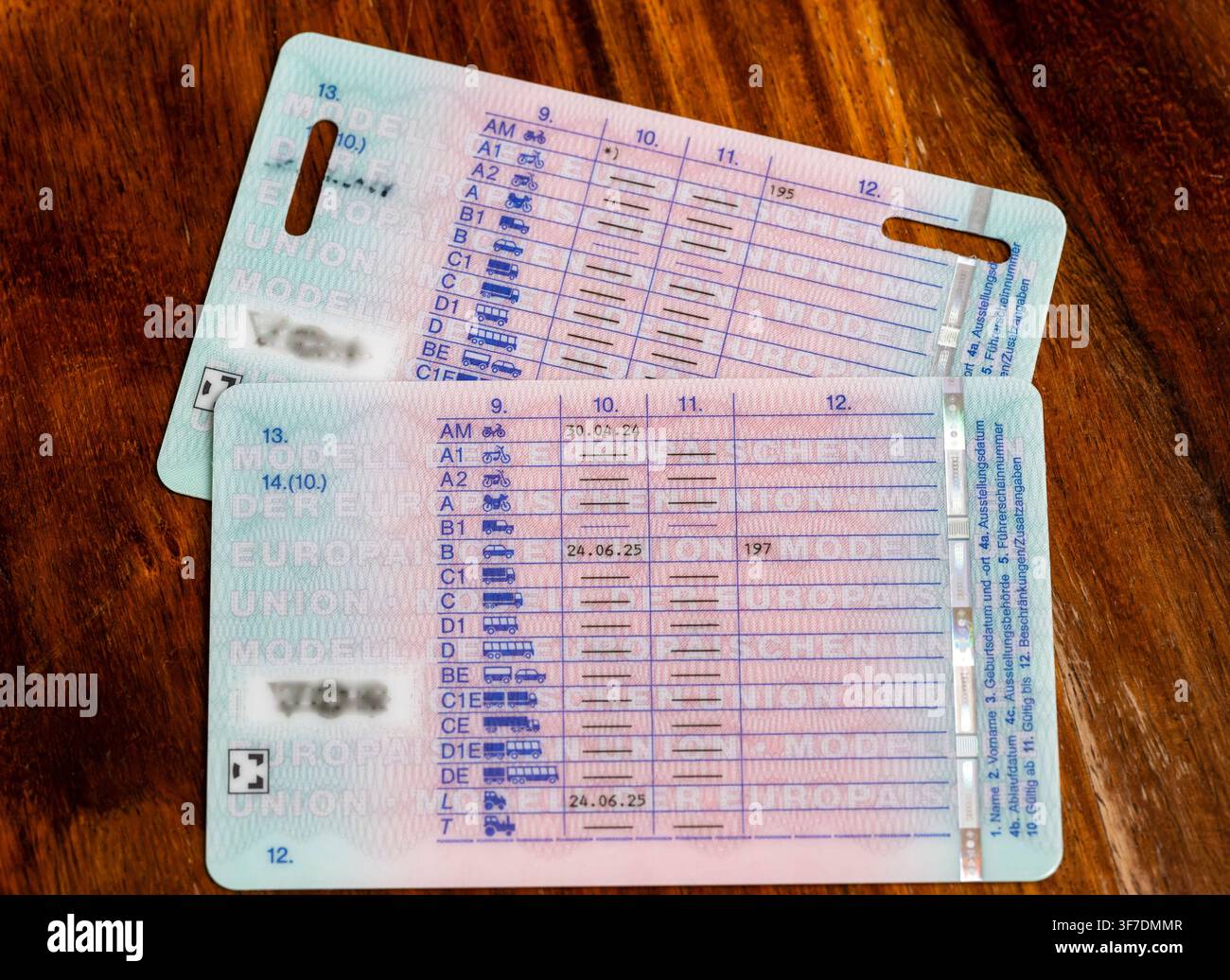 09.08.2026, Hohe Führerschein-Kosten in Deutschland, Symbolbild, Junge Autofahrer und Autofahrerinnen, Zwei Führerscheine, oben entwerteter Zweirad-Führerschein für Mofas und Mopeds. Unten der Autoführerschein. auf der Rückseite die Fahrerlaubnisklassen A bis D aufgelistet mit dem Datum des Führerscheinerwerbes. Klasse Klasse A1 Krafträder mit einem Hubraum von nicht mehr als 125 ccm, sowie dreirädrige Kraftfahrzeuge bis 15 kW. Klasse AM: Leichte zweirädrige Kraftfahrzeuge, Dreirädrige Kleinkrafträder, Leichte vierrädrige Straßen-Quads, L: Traktor-Führerschein, für Zugmaschinen bis 40 km/h mit Stockfoto