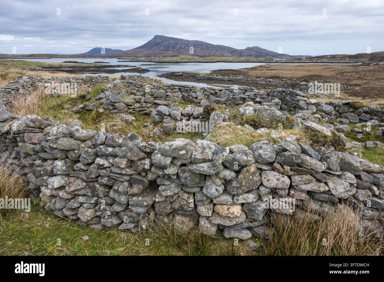 Eisernen Zeitalter-Radhaus nahe Loch Shornaraigh / Loch Hornaraigh mit Eaval im Hintergrund, Grimsay, North Uist, Äußere Hebriden, Schottland Stockfoto