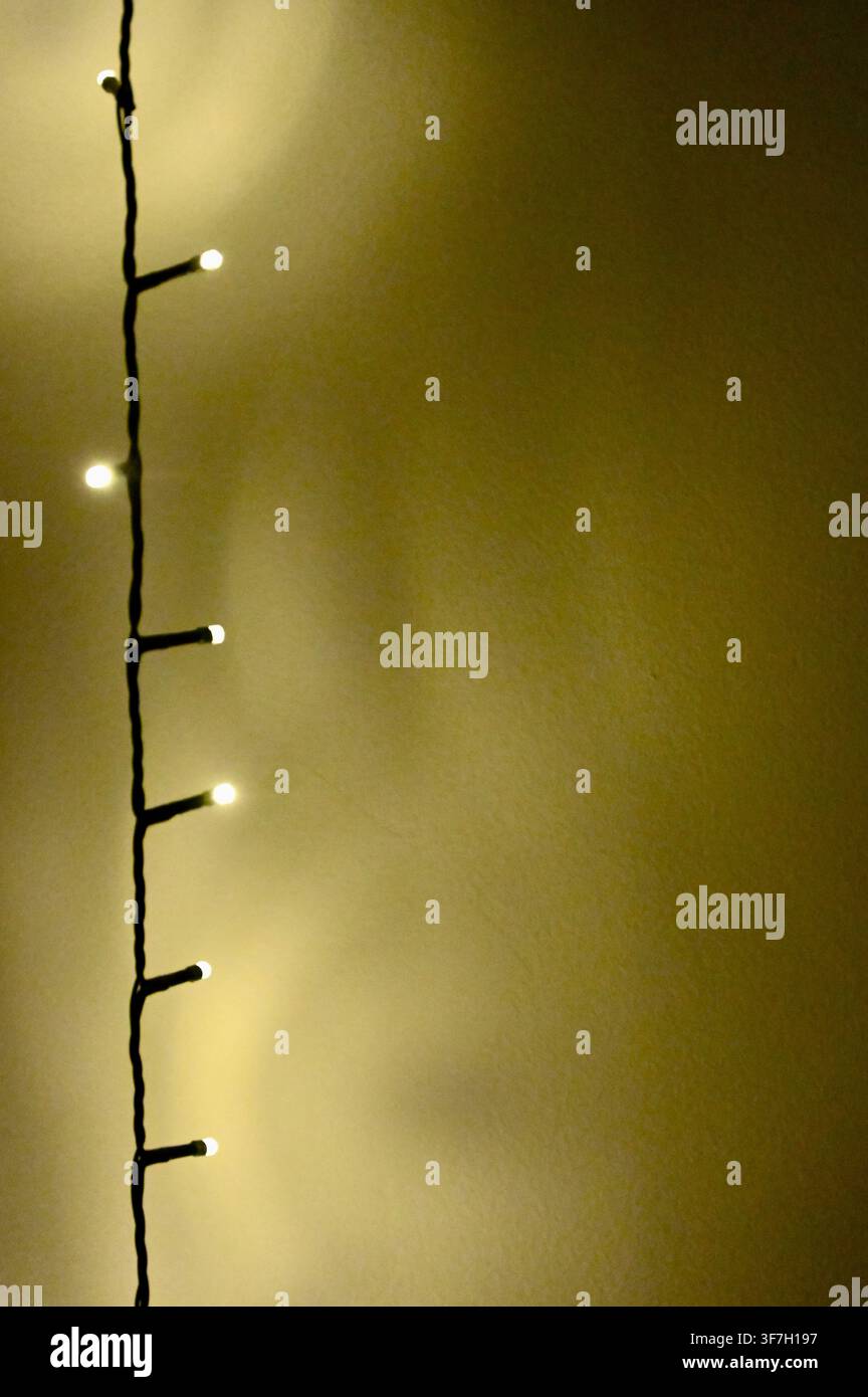 Kommerzielles Close-Up von warmweißen LED-Lichterketten, die vertikal vor einem leuchtenden goldenen Hintergrund hängen. Stockfoto