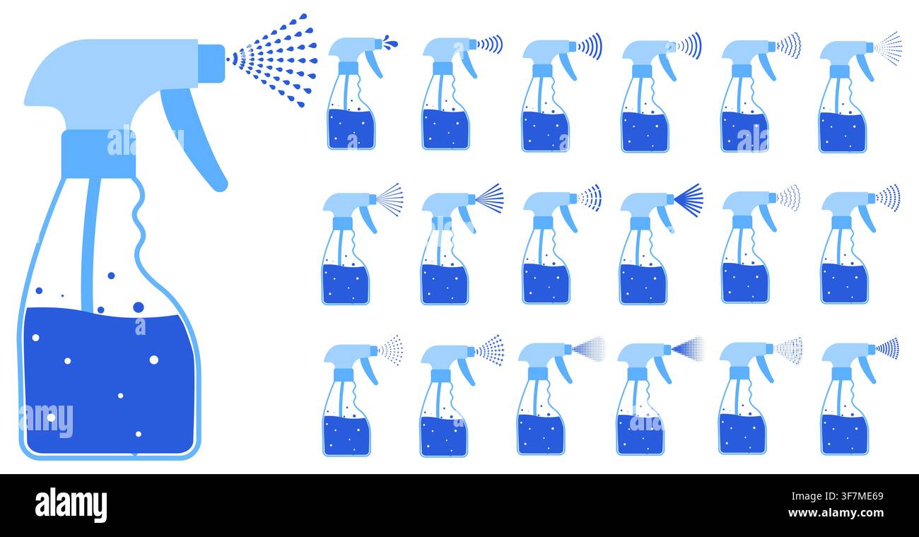Satz von neunzehn blauen Sprühflaschen gefüllt mit sprudelnder Flüssigkeit zeigt vielfältige Nebelstrahl-Tropfenlinienmuster. Ideal für Reinigungs-Desinfektionsmittel UI-Kits Verpackung Hygiene-Apps Logos Marken Symbole Stock Vektor