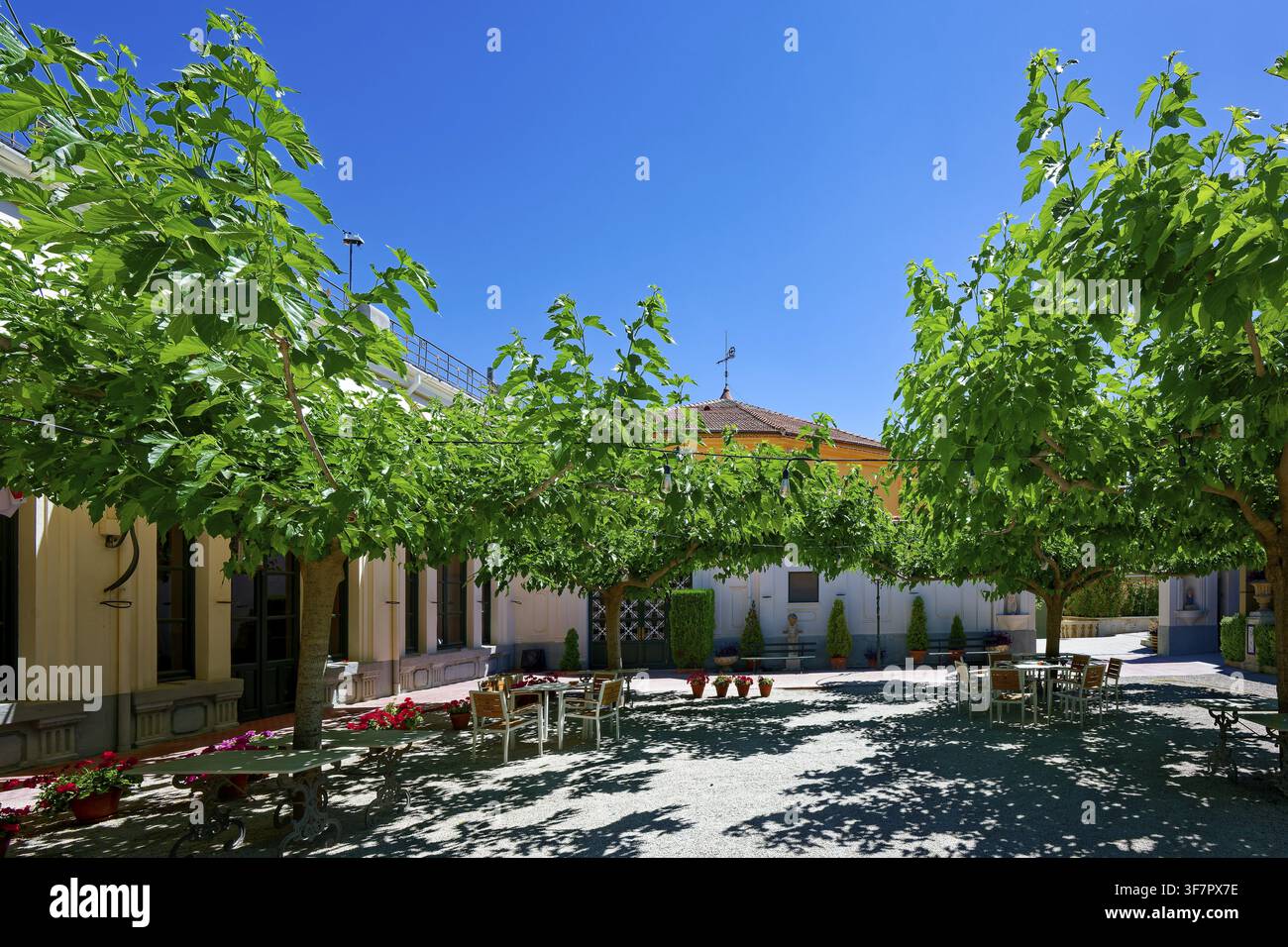 Ein baumschattiger Außenbereich mit mehreren Tischen, Circulo Industrial, Costa Blanca, Alcoy, Alcoy, Provinz Alicante, Valencia, Spanien Stockfoto