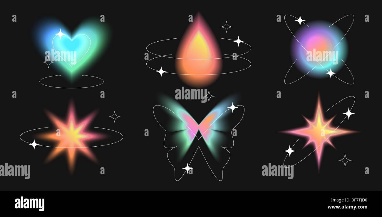 Y2K-Ästhetik-Schilder mit sanftem Aura-Glow auf schwarzem Hintergrund. Vektorrealistisches Set von Neon-Gradient-Herzen, Tropfen, Punkten, Sternen, Schmetterlings-Icons mit Blur-Effekt, trendige holografische Icons für Retro-Poster Stock Vektor