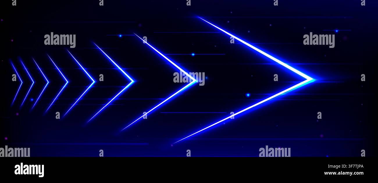 Futuristischer Hintergrund mit blauen Neonpfeilen, Lichtgeschwinndigkeitseffekt auf schwarzem Hintergrund. Vektorrealistische Illustration von Laserstrahlen, die in der Dunkelheit leuchten, abstraktes Tech-Banner oder Gamedesign Stock Vektor
