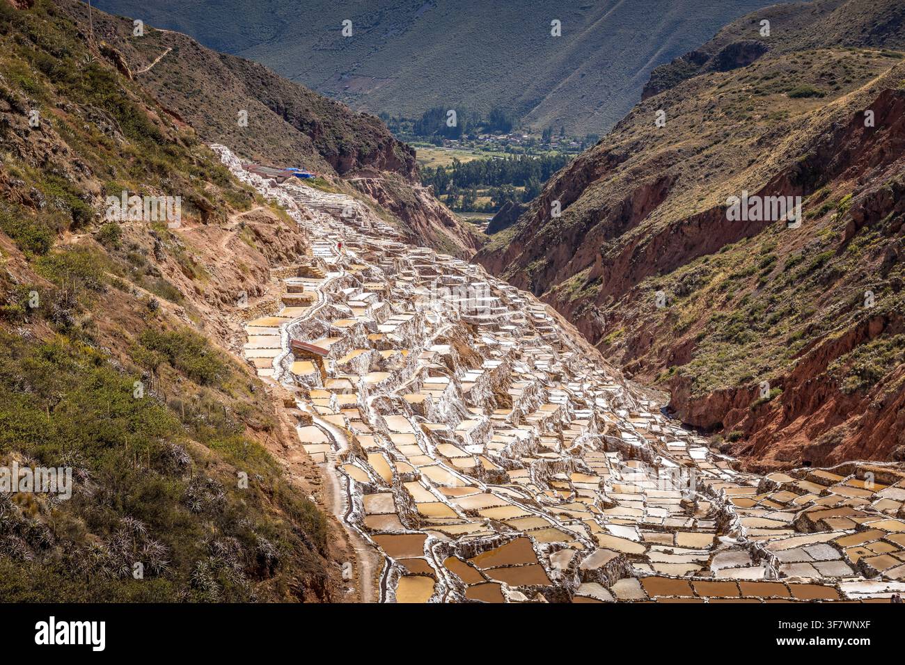 Traditionelle terrassenförmige Salzteiche von Salineras de Maras, die den Andenhang hinunterkaskadieren, mit lebendigen Mineralfarben und dramatischer Tallandschaft Stockfoto