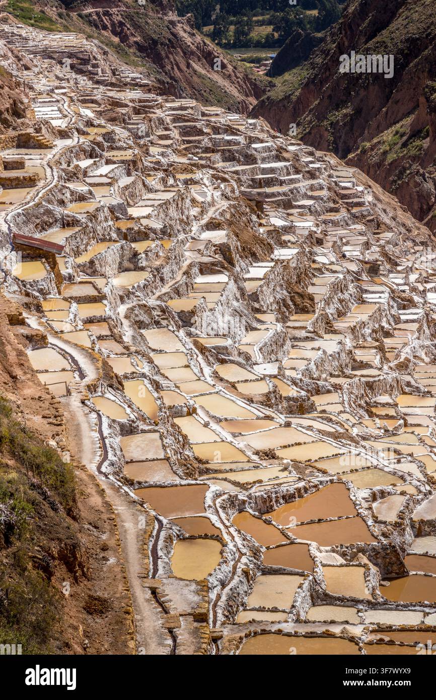 Traditionelle terrassenförmige Salzteiche von Salineras de Maras, die den Andenhang hinunterkaskadieren, mit lebendigen Mineralfarben und dramatischer Tallandschaft Stockfoto
