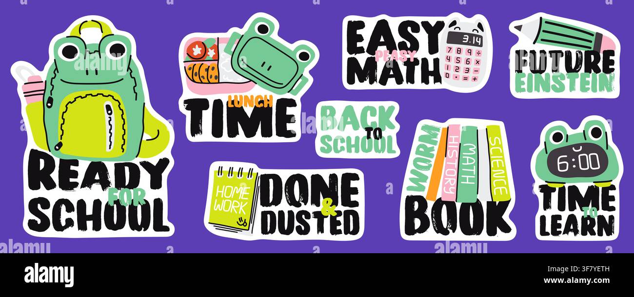 Zurück-zur-Schule-Aufkleber-Doodle-Vektorpack für Planer und Schreibwaren Stock Vektor