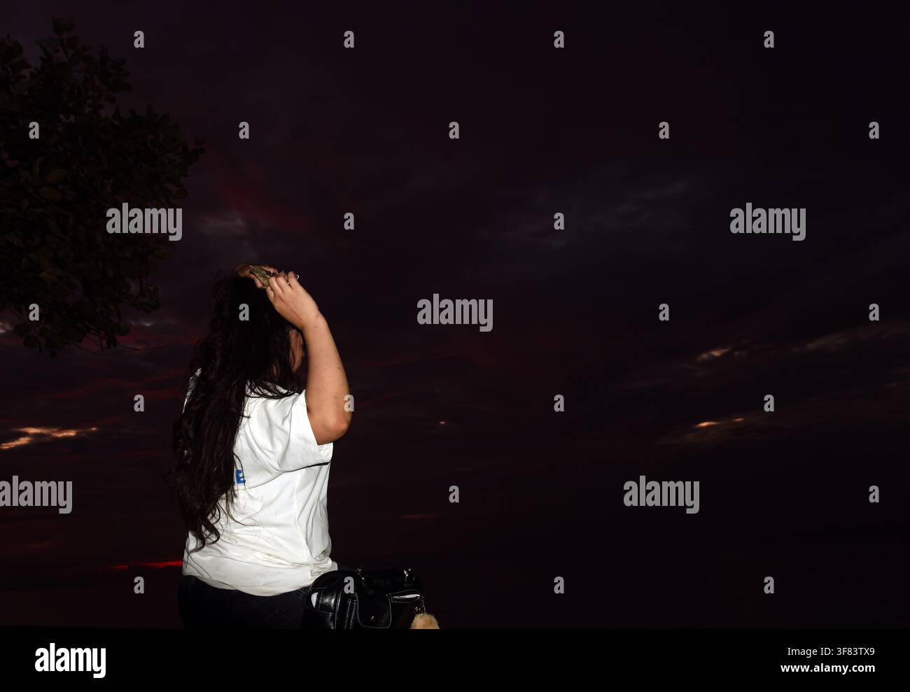 Rückansicht einer jungen Frau mit langen dunklen Haaren, die ihr Haar anpasst, während sie nachts im Freien vor einem dunklen Dämmerhimmel steht, lässiges Lifestyle-Foto Stockfoto