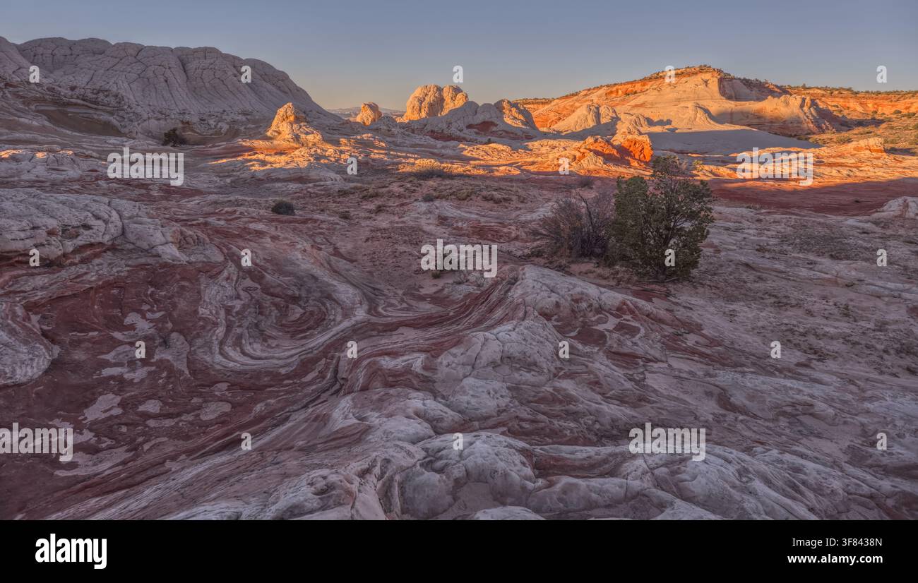 Farbenfrohe Sandsteinformationen zeigen einzigartige Texturen und Muster auf dem Paria-Plateau in Arizona im Abendlicht Stockfoto