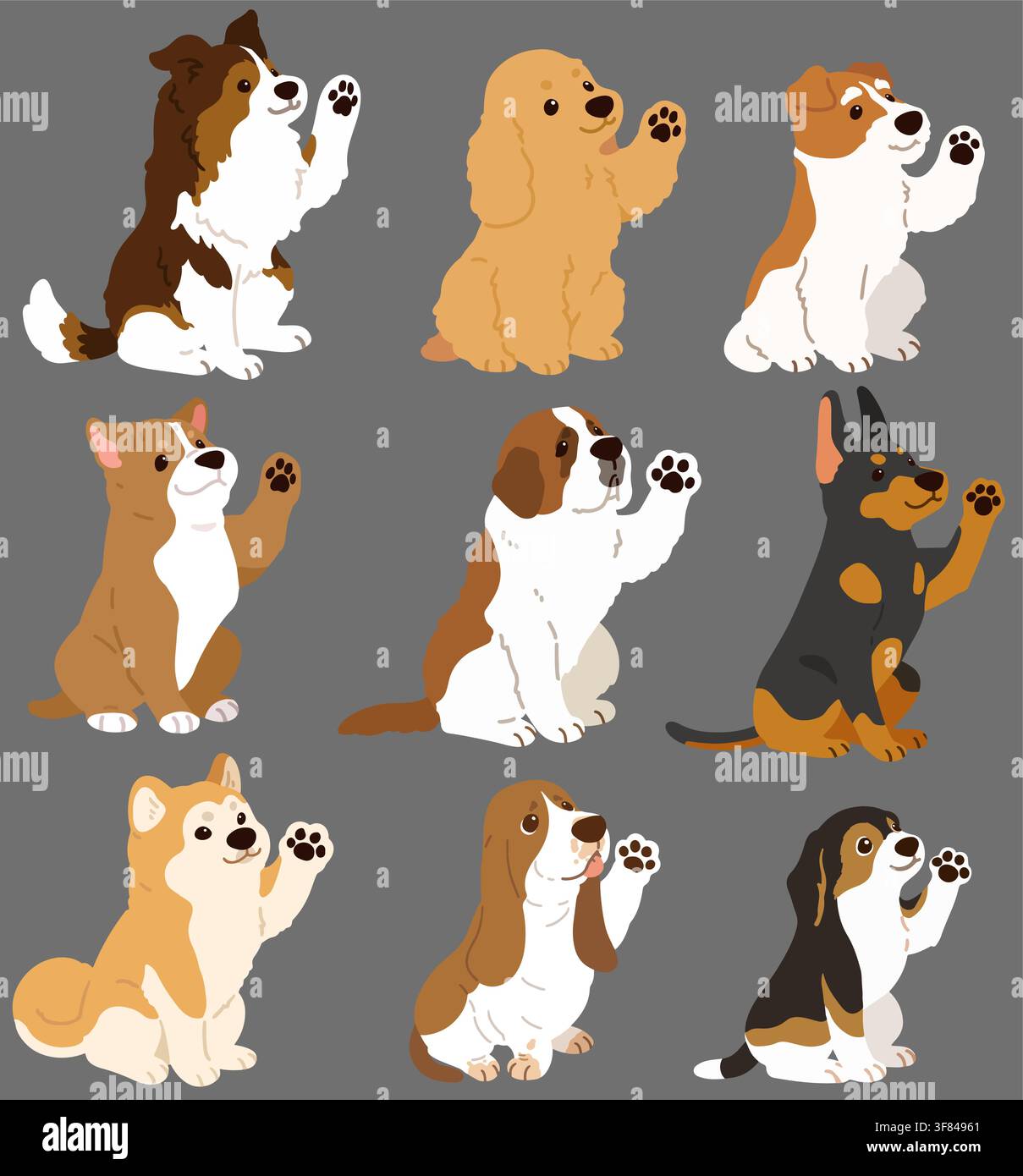 Satz flacher farbiger, niedlicher und einfacher Hunde, die sitzen und winken (Shetland Sheepdog, English Cocker Spaniel, Fox Terrier, Pitbull, Bernhardiner, Dobermann, Stock Vektor