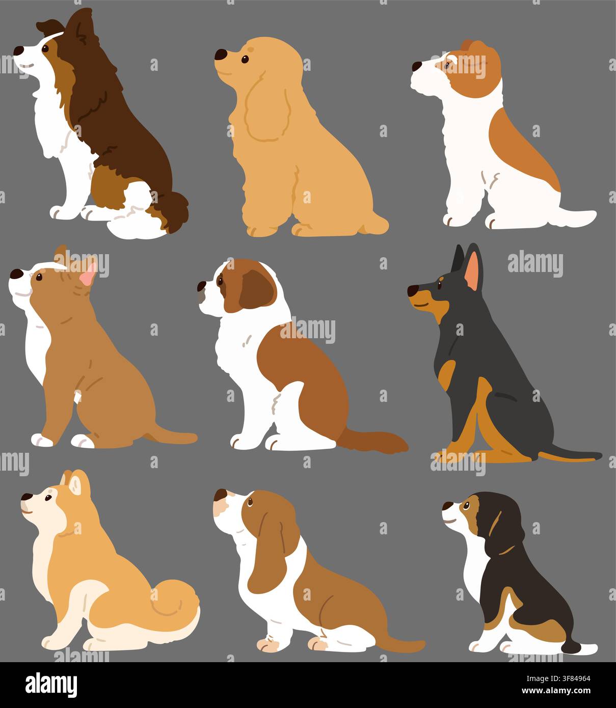 Satz von flachen, farbenfrohen, niedlichen und einfachen Hunden in Seitenansicht (Shetland Sheepdog, English Cocker Spaniel, Fox Terrier, Pitbull, Bernhardiner, Dobermann) Stock Vektor