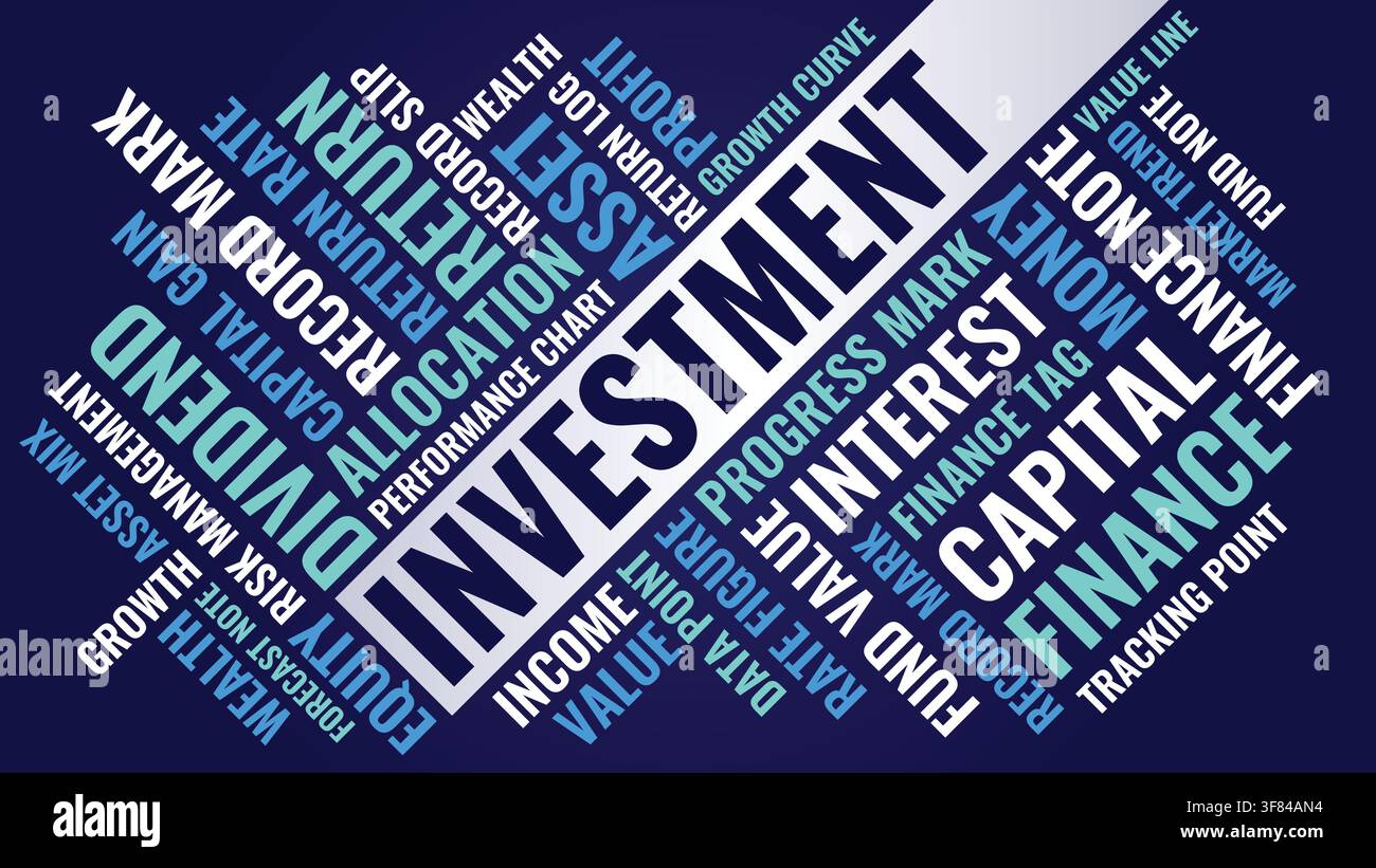 Investitions-Wortwolken-Design für Handelsplakat, Finanz-Wandkunst. Investition hoher Kontrast dunkle Typografie Stock Vektor