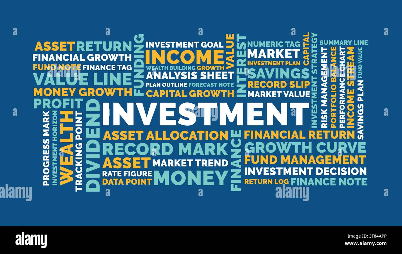 Investment-Wortwolken-Design für Finanz-Poster, Trading-Klassenzimmer-Dekor. Investment fetter blauer gelber Schriftzug Stock Vektor
