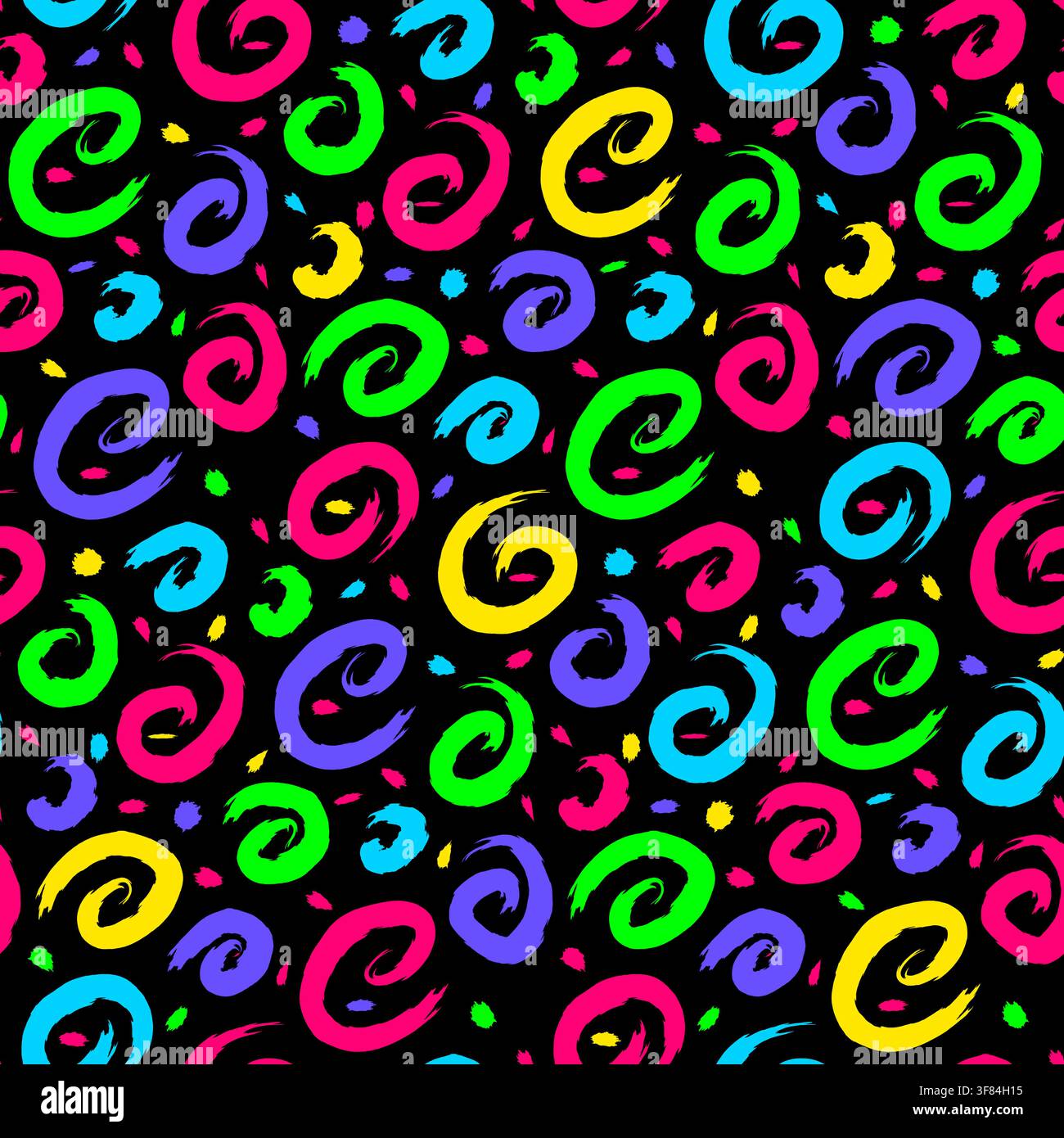 Neon-Grunge-Muster mit bunten handgezeichneten Locken, Spiralen, Wirbeln und abstrakten Kritzeleien auf schwarzem Hintergrund, mit leuchtendem Rosa, Grün, Blau Stock Vektor