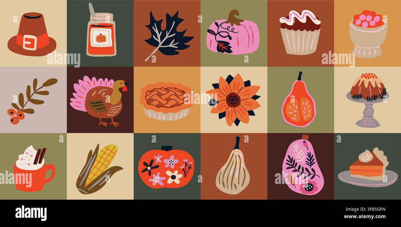 Nahtloses Thanksgiving-Patchwork-Muster mit Kürbissen, Mais, Preiselbeeren, Kürbiskuchen, warmen Getränken, Herbstblättern und Erntelieferungen. Gemütliches Volkskunstdesign für Stoff, Tapete, Geschenkpapier und saisonale Dekoration. handgezeichnete Vektordatei. Stock Vektor
