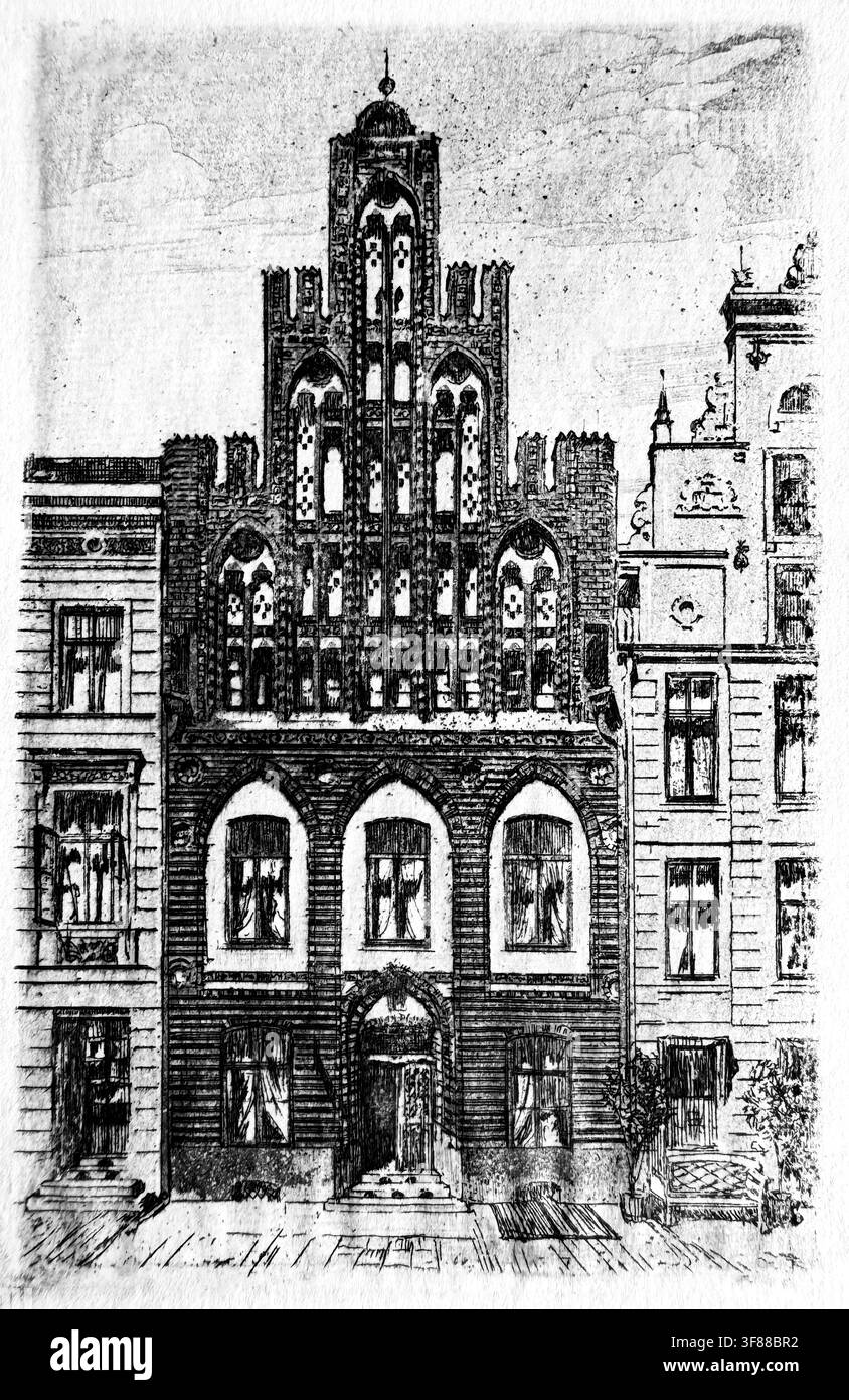 Vintage-Radierung, ca. 1915, die die kunstvoll geschwungene Giebelfassade eines historischen Backsteinhauses in Rostock, Deutschland, reich verziert mit Gotik, zeigt Stockfoto