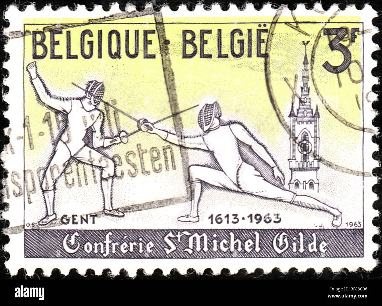 Belgische Briefmarke von 1963 zur Feier der Saint Michael Fechterschaft von Gent Stockfoto