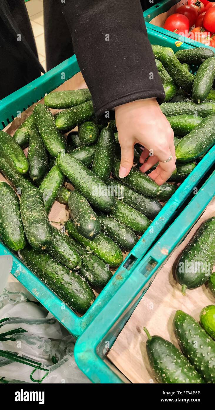 Frauenhand, die frische grüne Gurken aus einer Obst- und Gemüschale auswählt, betont gesundes Essen, den Einkauf von frischen Lebensmitteln und den Verzehr von Gemüse. Verti Stockfoto