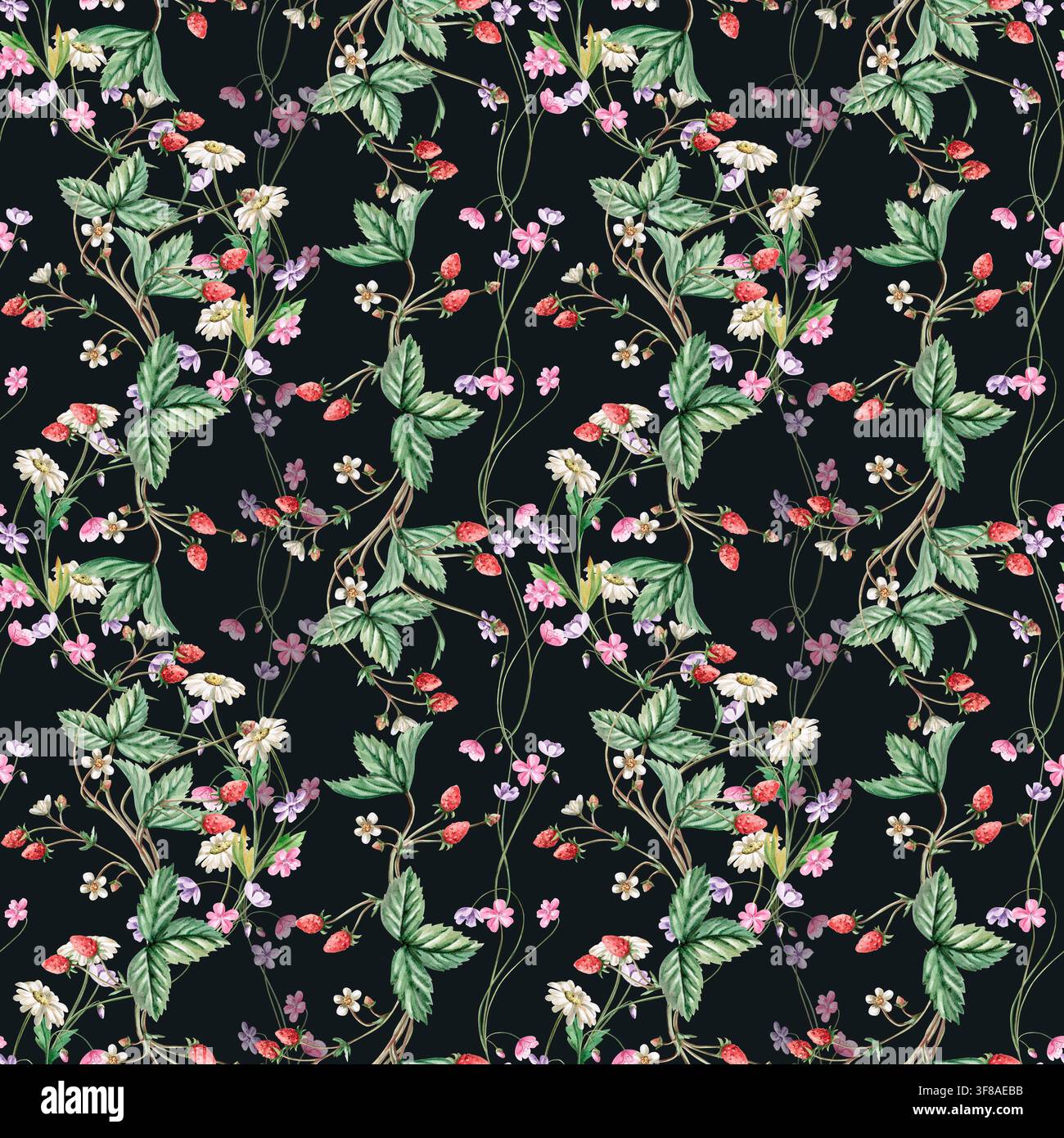 Reife Erdbeeren mit zarten Wildblumen in einem nahtlosen Aquarellmuster auf dunklem Hintergrund. Perfekt für Stoffdesign, Verpackungen, Karten, Zuhause Stockfoto