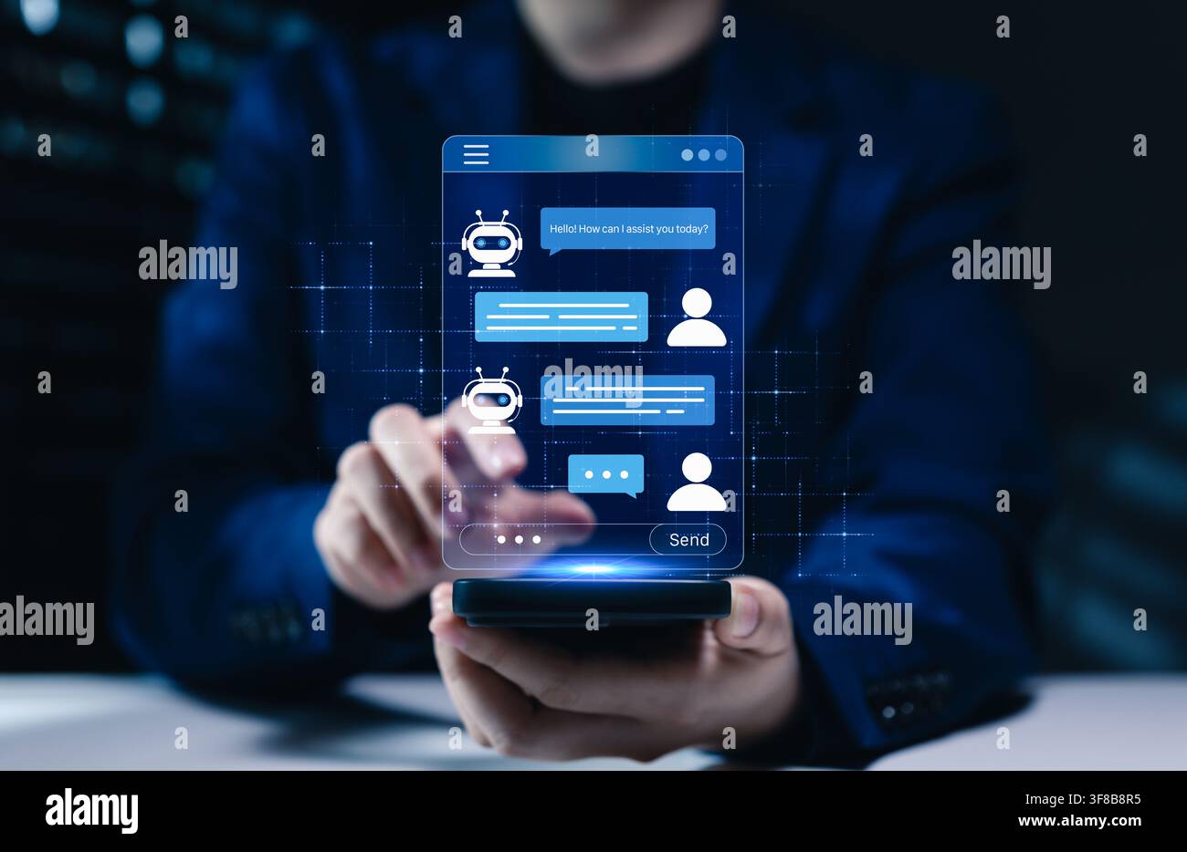 KI-Chatbot-Kundenservice-Schnittstelle auf Smartphone zeigt Gespräch mit virtuellem Assistenten, während der Benutzer mit automatisiertem Support interagiert, digitale Kommunikation Stockfoto