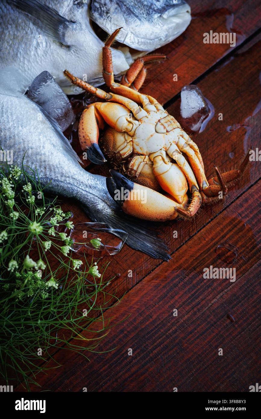 Frischer Krabben- und Dorado-Fisch auf Eis Premium-Meeresfrüchte-Auswahl Stockfoto