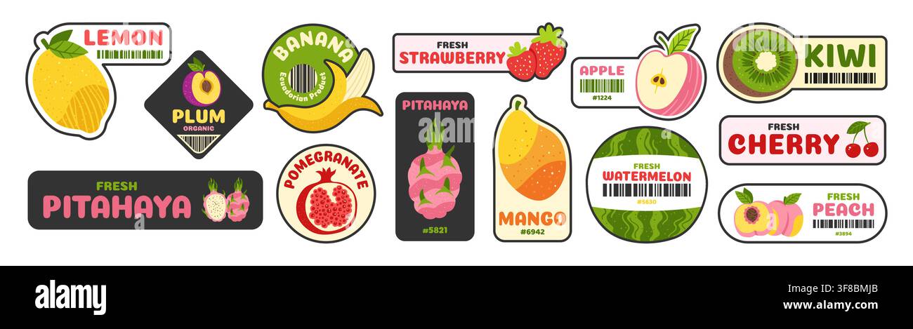 Etikett und Aufkleber für Lebensmittel und Obst. Bio-Beeren-Abzeichen mit frischem natürlichem Etikett für Supermärkte und Bauernhöfe. Trendige Retro-Patches und Aufkleber. Flache Vektor Illustration Emblem Bio Sammlung Stock Vektor