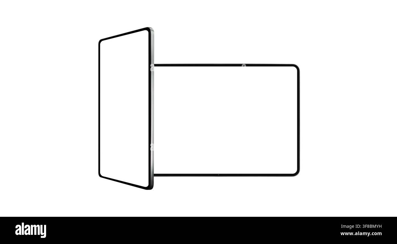 Komposition aus zwei digitalen Tablet-Mockups in vertikaler und horizontaler Ausrichtung mit leeren Bildschirmen Stockfoto