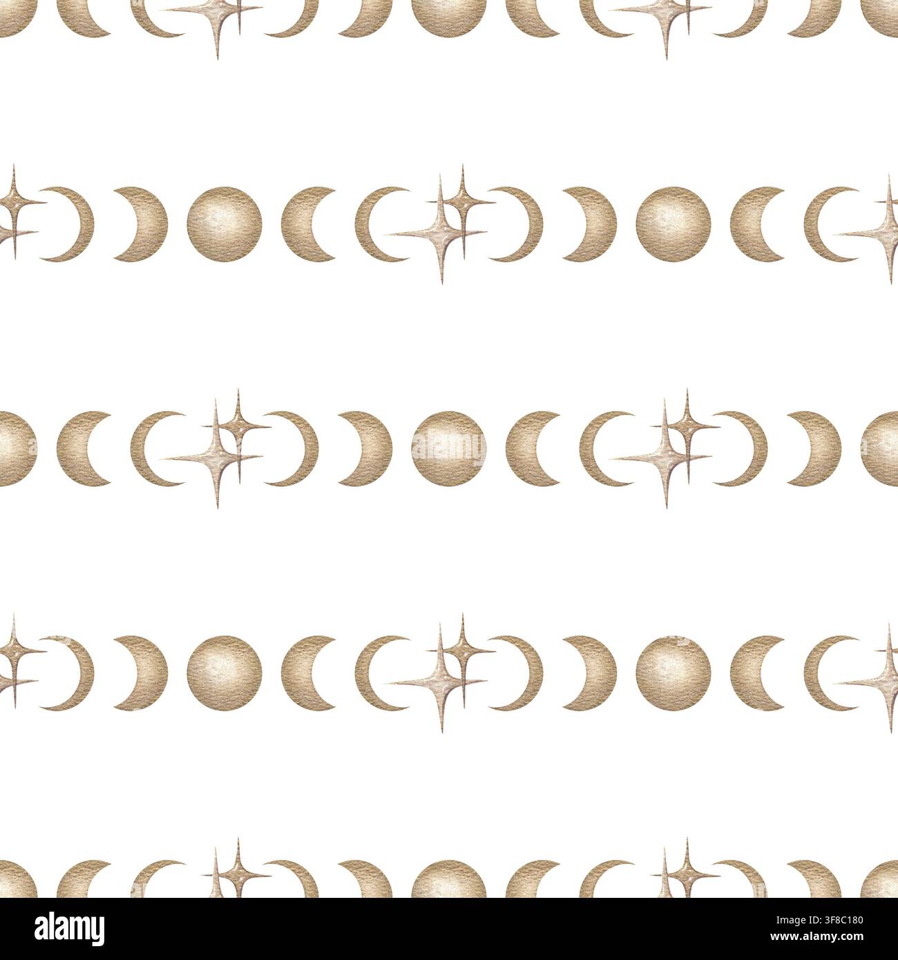 Goldene Mondphasen minimalistisches nahtloses Muster. Handgezeichneter Aquarellgoldmondzyklus mit zunehmendem Mond und himmlischem Stern. Vintage-Grafik für Astrologie-Design. Einfache Wiederholung für Stoff oder Tapete. Stockfoto