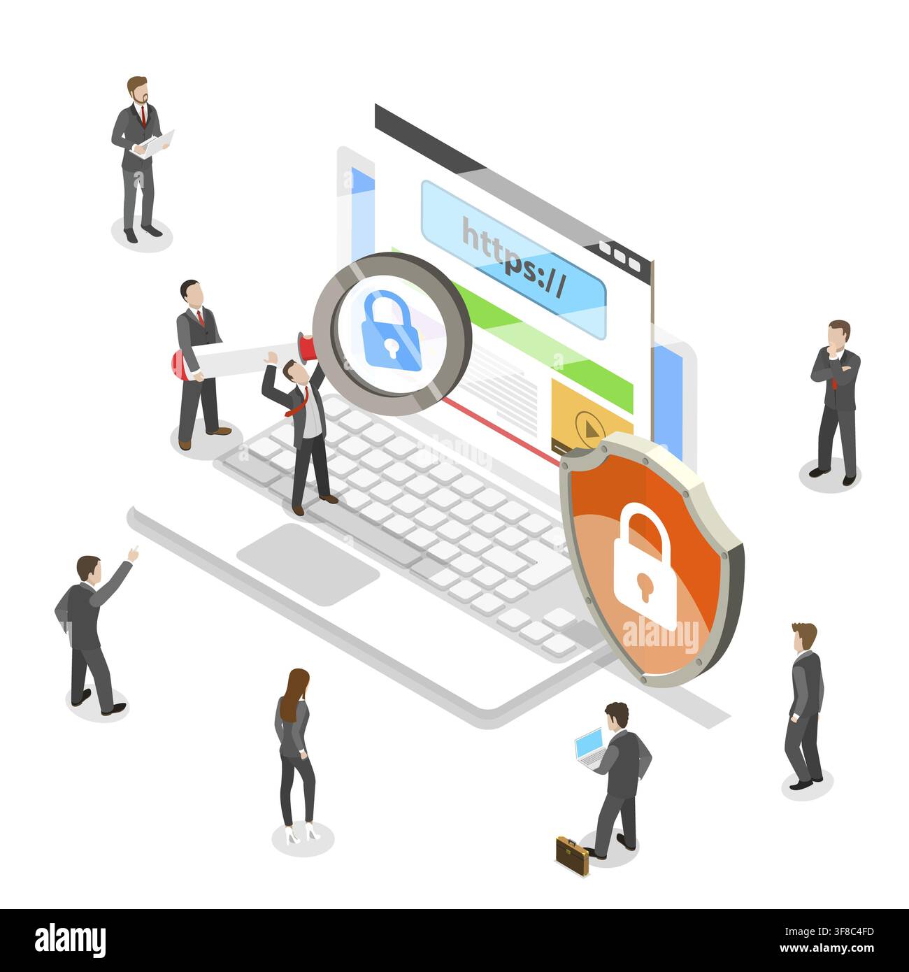 Sichere Websuche flaches Isometrie . Menschen suchen Informationen über das Internet mit dem sicheren Protokoll HTTPS Stockfoto