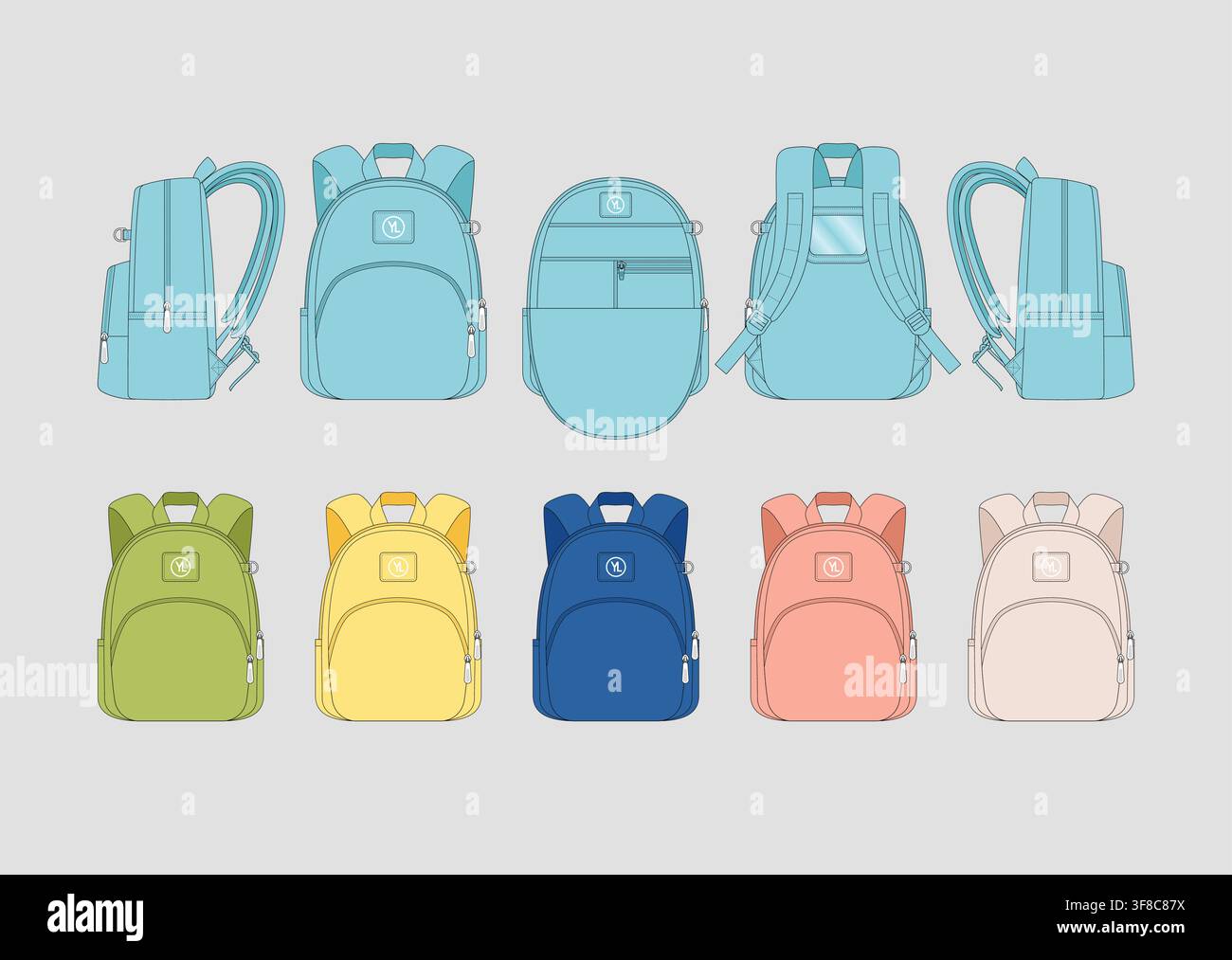 Modernes Schulrucksack-Design für Kinder mit abgerundeter, strukturierter Silhouette, zwei Reißverschlussfächern, Seitentaschen und gepolsterten Trägern Stock Vektor
