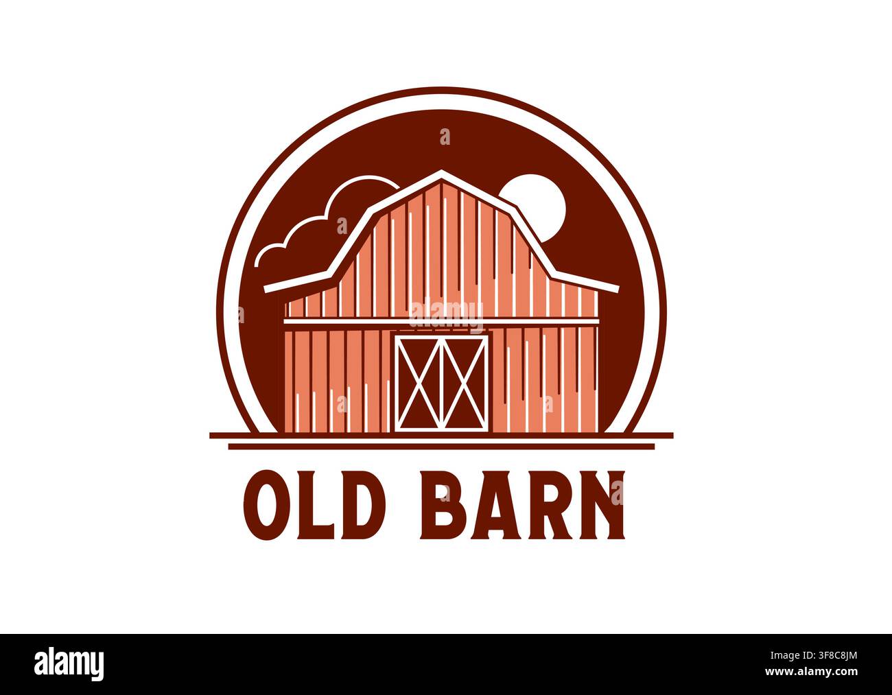 Ranch-Lager, rustikales Bauernhof-Scheunen-Symbol. Braunes Vintage-Retro-Bauernhaus-Symbol mit Sonne und Wolken. Minimalistisches Emblem für landwirtschaftliche Unternehmen, lokale Bio-Märkte und ländliches Erbe-Branding Stock Vektor