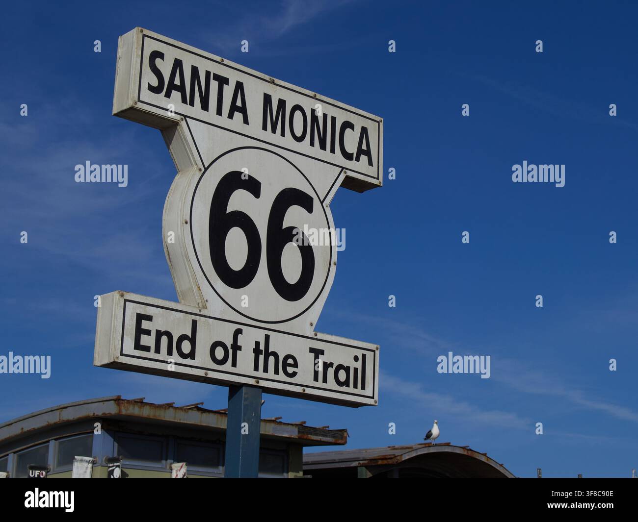 Route 66 „Ende der Strecke“-Schild Stockfoto