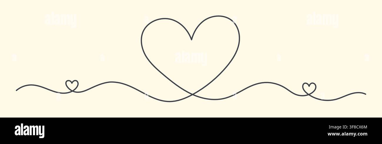 Kontinuierliches Einlinien-Herzdrawing mit großen und kleinen Herzen auf cremefarbenem Hintergrund, minimaler romantischer Rand für Liebe, Valentinstag, Hochzeit, Grußkarte Stock Vektor
