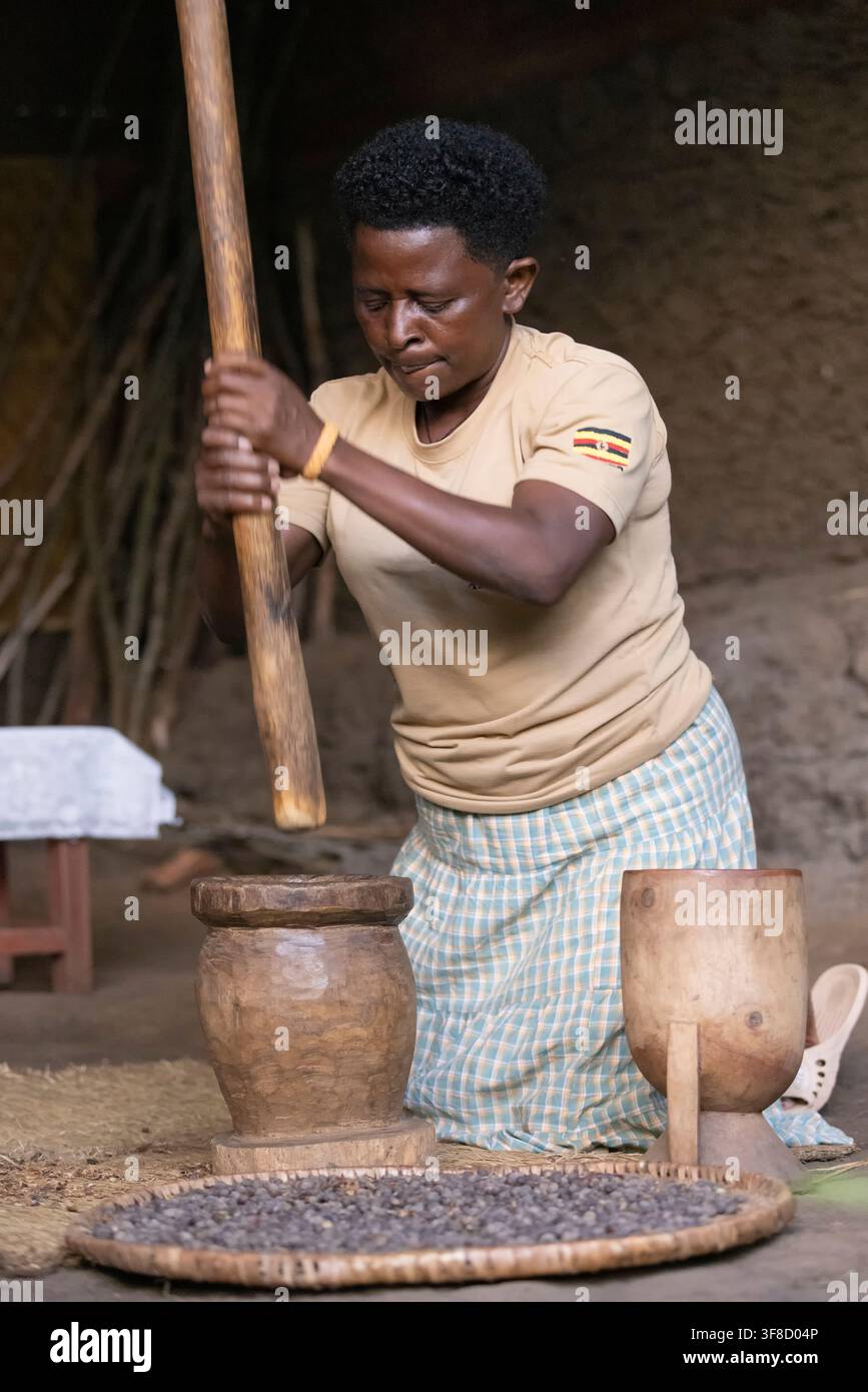 Uganda, 04., Januar, 2026: Afrikanischer traditioneller Kaffeeröstprozess durch lokale Stämme in Bergregionen Stockfoto