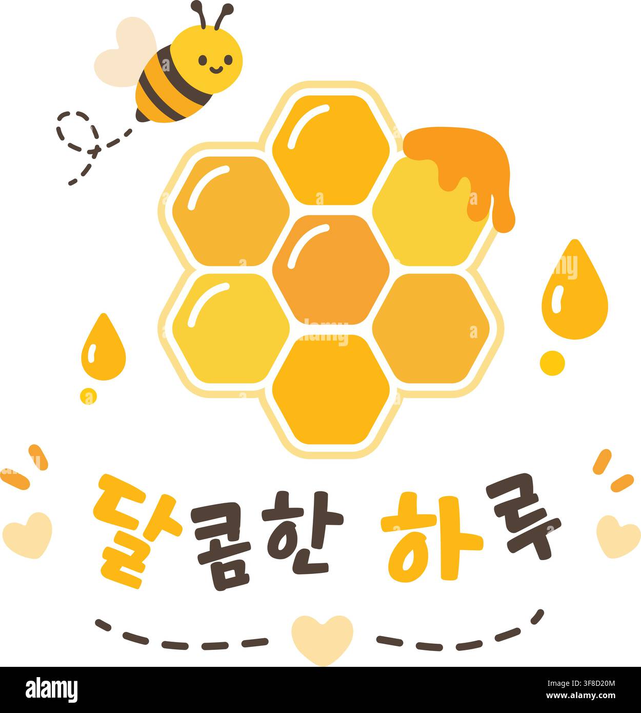 Eine fröhliche Biene fliegt in der Nähe eines goldenen Honigwabens mit tropfendem Honig und koreanischem Text, der Süßer Tag bedeutet Stock Vektor