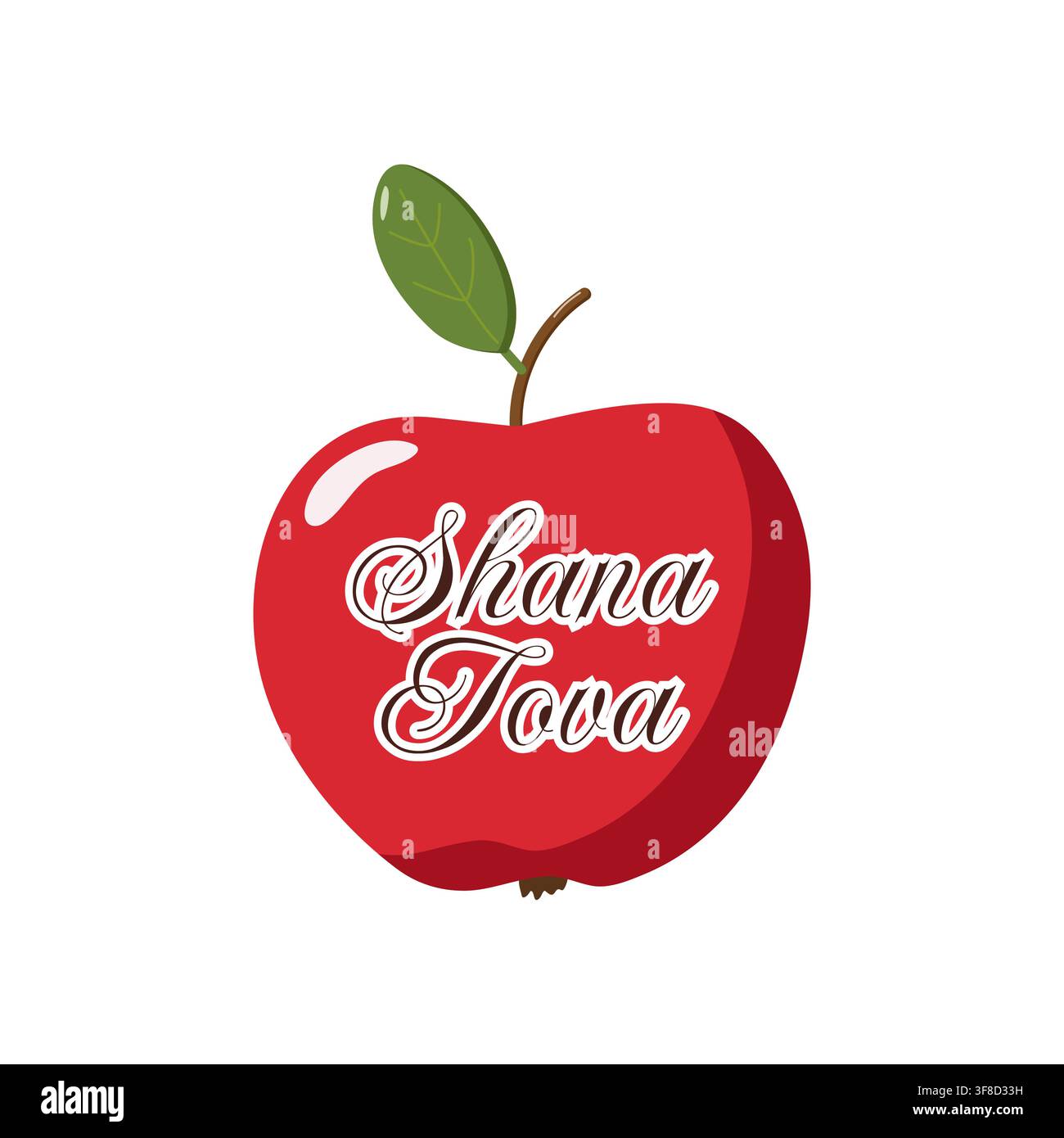 Stilisierte rote Äpfel mit grünem Blatt und Stiel, verziert mit weißem Shana-Tova-Text auf der Oberfläche Stock Vektor