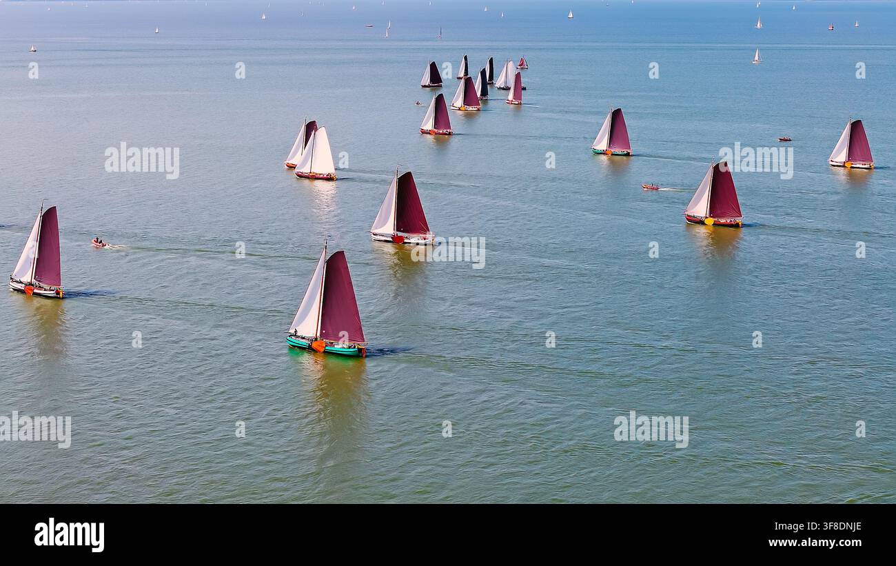 Luftbild von traditionellen Segelbooten auf dem IJsselmeer Stockfoto